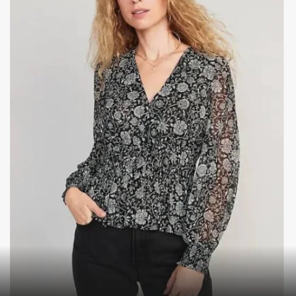 NEW Old Navy | Long-Sleeved V-Neck Smocked Floral Print Blouse | Black | Medium